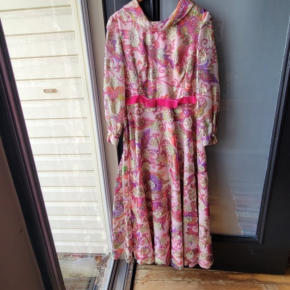 Vintage Handmade Custome Japanese Asian Pink Gold Flowering Long Dress Pink Bow - Picture 3 of 15